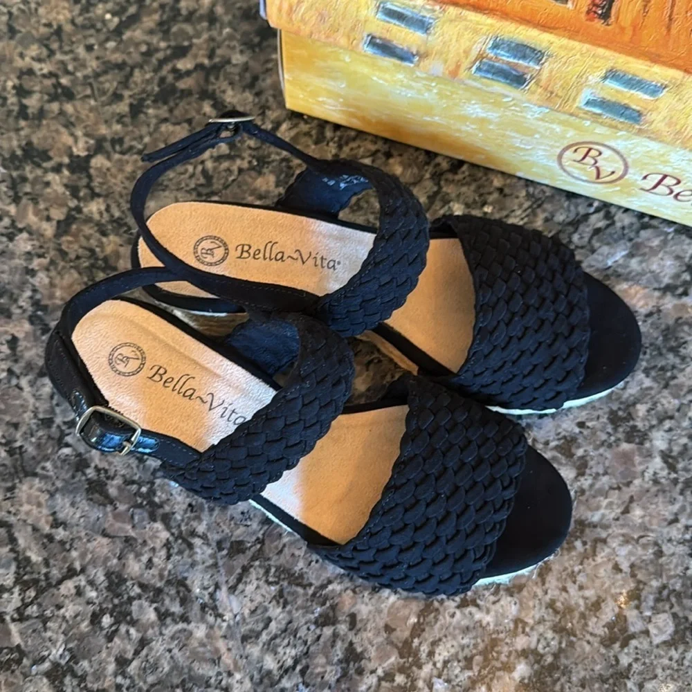Bella Vita Mariela black suede espadrilles 2” wedge sandal NIB 6.5